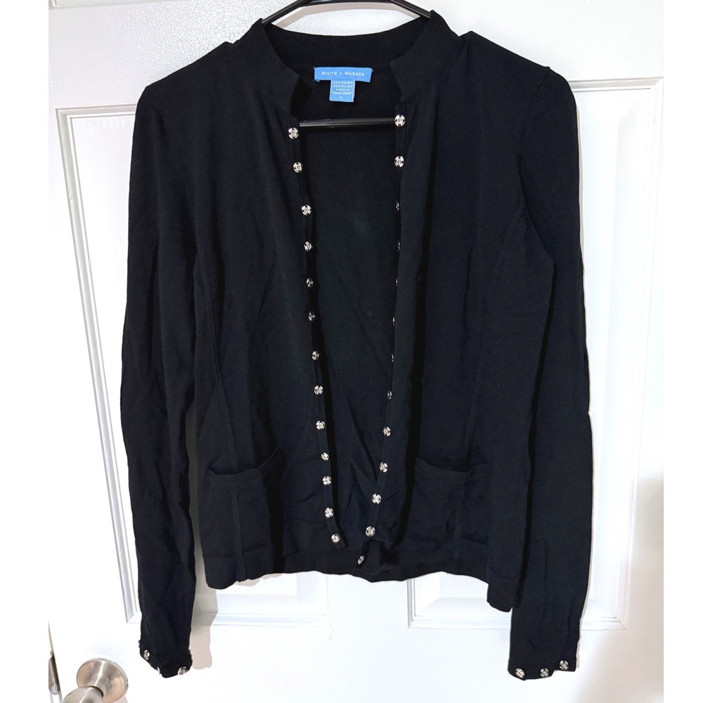 White + Warren Black Mock Neck Snap Front Cardigan Sweater Silver Hardware Large